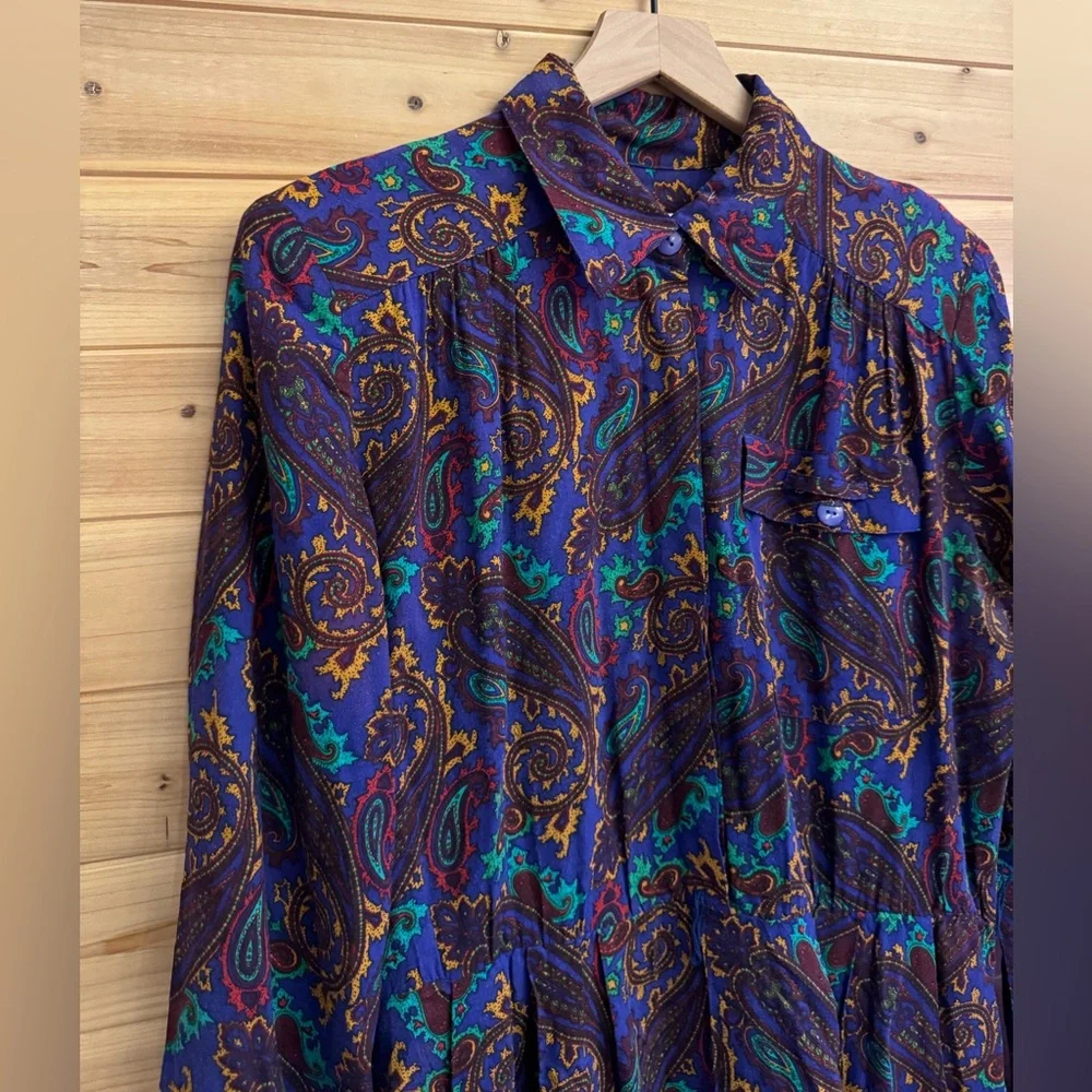 Vintage 80’s Raoul Large Retro Bold Colorful Paisley Collared Midi Dress Western - Picture 3 of 13